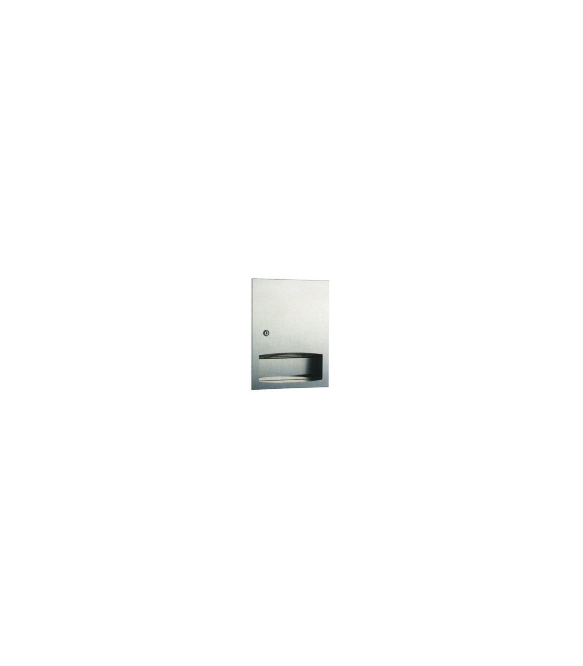 Recessed paper towel dispenser behind mirror in stainless steel