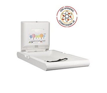 Vertical baby changing station made of white polypropylene with built-in antibacterial additive and an ionizer