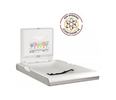 Vertical baby changing station made of polypropylene and stainless steel satin finish, with an ionizer